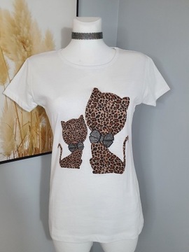 Bluzka t-shirt z kotkiem kot panterka biała S