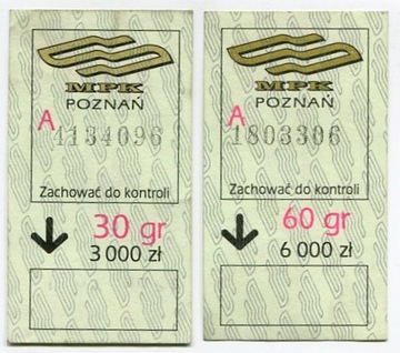 Bilet  MPK Poznań - 30gr/3000zł, 60gr/6000zł 