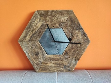 Designerski zegar sześciokątny stare drewno loft