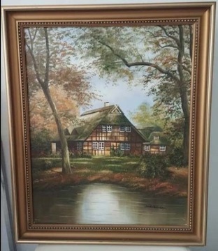 obraz olejny z domem