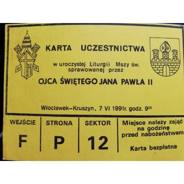 Jan Paweł II karta uczestnictwa 1991 Włocławek 