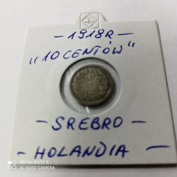 10 Centów z 1918 roku, Holandia, SREBRO, ładna