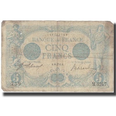 Francja, 5 Francs, Bleu, 1915, 1915-06-16, VG(8-10