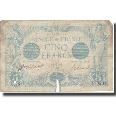 Francja, 5 Francs, Bleu, 1916, 1916-06-22, VG(8-10