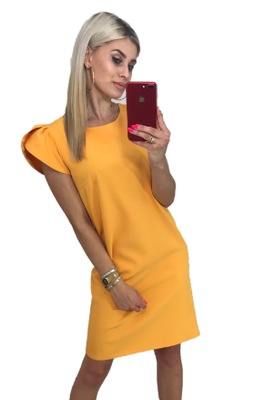 Sukienka z rękawkiem Wesele żółta 46+GRATIS