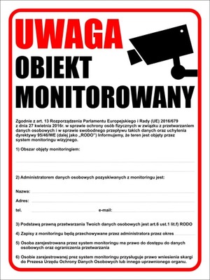 TABLICA MONITORING RODO OBIEKT MONITOROWANY 40x30