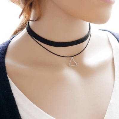 Czarny Choker Naszyjnik Chocker Srebrny Trójkąt