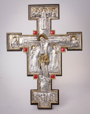 Krucyfiks Giotta di Bondone Wiszący Srebro ZŁOTO Kamienie Jubilerskie Gotyk
