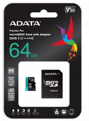 Karta microSD 64GB AData PREMIER PRO U3 A2 V30 UHS