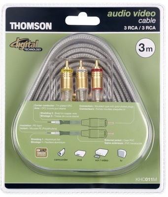 KABEL 3xRCA ZŁOTY OFC EKRANOWANY THOMSON 3m