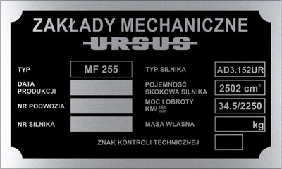 URSUS MF 255 tabliczka znamionowa MASSEY FERGUSON