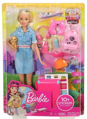 LALKA BARBIE Z PIESKIEM W PODRÓŻY Z WALIZKĄ MATTEL