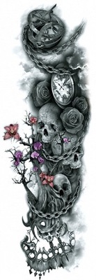 CZASZKA Tatuaż na CIAŁO z Zegarem Czaszką Róże B7