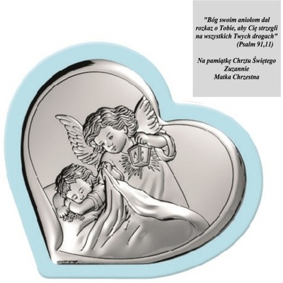 Srebrny Obrazek Anioł Stróż w Sercu na Chrzest