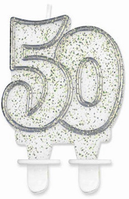 Świeczka urodzinowa 50 brokatowe srebrne na tort