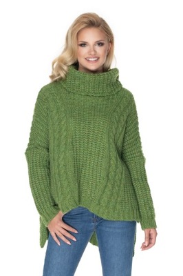 30066 LUŹNY SWETER PONCHO W WARKOCZE ZIELONY