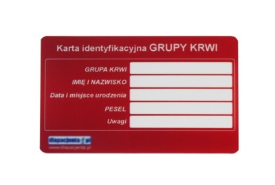 Karta informacyjna grupa krwi ogólna czerwona