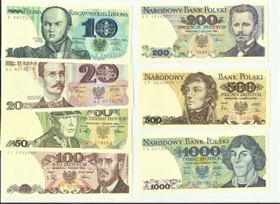 Zestaw banknotów PRL od 10 do 1000 zł 7 x UNC