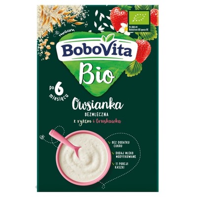 BoboVita BIO Kaszka Owsianka bezmleczna z ryżem i truskawką 6m+ 200g