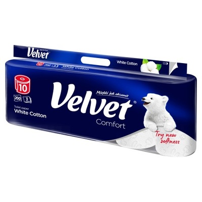 PAPIER TOALETOWY VELVET WHITE COMFORT COTTON 3 WARSTWY 200 LISTKÓW 10 ROLEK