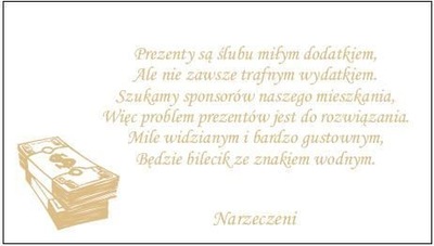 Wkładki z Wierszykiem do Zaproszeń Złote prośba o pieniądze 25 szt.