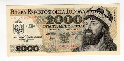 2000 złotych 1982 CE banknot z nadrukiem