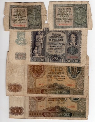 1 złoty 1941 (2), 20 złotych 1940, 100 złotych 1941 (2) zestaw 5 banknotów