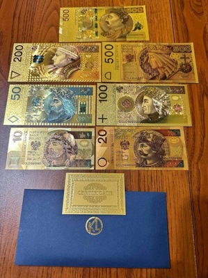 Banknoty polskie - pozłacane kopie 24k - 7szt KOMPLET