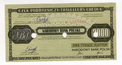 NBP czek podróżniczy 2000 złotych skasowany