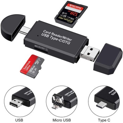 3w1 Czytnik kart SD microSD USB C Micro USB 3.0