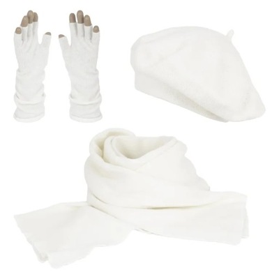 W478C Kremowy komplet zimowy damski beret szalik rękawiczki