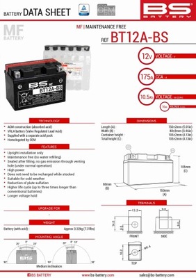 BS AKUMULIATORIUS BT12A-BS (YT12A-BS) 152X88X106 12V 10AH BEZOBSLUGOWY - ELEKTR. 