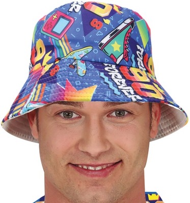 Kapelusz Czapka Bucket Hat z Nadrukiem Lata 80 90 Retro Strój Przebranie