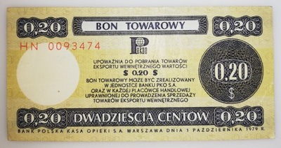 20 centów 1979 bon towarowy Pewex seria HN mały