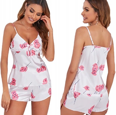 PIŻAMKA BIELIZNA SPODENKI KOSZULKA NOCNA SATYNOWA