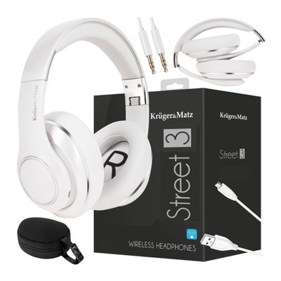 Białe słuchawki BEZPRZEWODOWE Bluetooth mikrofon