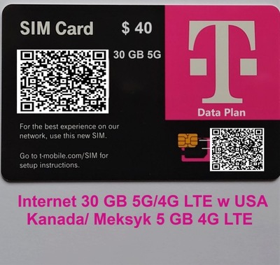 e SIM USA T-mobile szybki Internet 4G LTE/5G 30 GB + Internet Kanada/Meksyk
