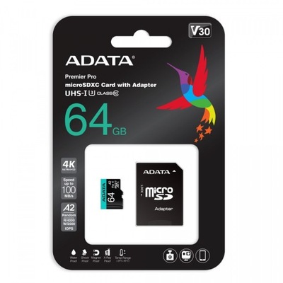 ADATA 64 GB micro SD XC CL10 UHS U3 A2 V30 100MBs