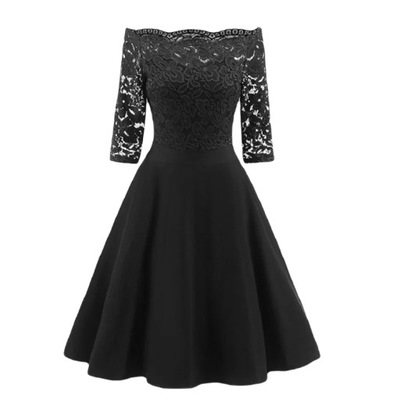 Czarna rozkloszowana sukienka koronka S 36