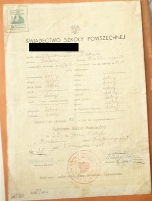 ŚWIADECTWO SZKOLNE SZKOŁA PODSTAWOWA 29 KRAKÓW-PODGÓRZE 1948