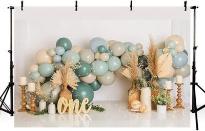 Tło fotograficzne MEHOFOND boho urodziny 1 rok pampas balony 240×180 cm