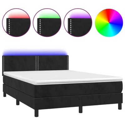 Łóżko kontynentalne z materacem i LED, czarny aksamit 140x200cm