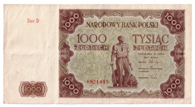 Banknot, Polska 1000 złotych 1947 stan 3