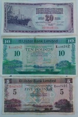 10, 5 funtów Irlandia Północna , 20 dinarów Jugosławia. Kolekcja prywatna