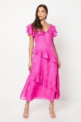 SATYNOWA RÓŻOWA SUKIENKA MIDAXI ASYMETRYCZNE FALBANY OASIS 38