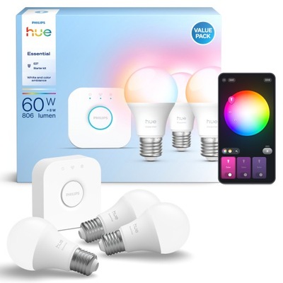 Żarówka LED E27 8W RGB Inteligentna 3 szt. + Mostek Philips HUE Essential