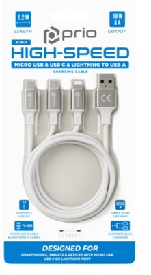 Kabel 3w1 Micro USB USB C Lightning / USB 3A 1,2m