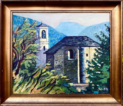 SYGNOWANY ORYGINALNY STARY OBRAZ - PAŁACOWA BASZTA Z WIDOKIEM NA GÓRY