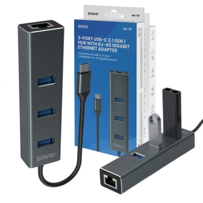 HUB USB-C 3-port SAVIO AK-57 3.1 GEN 1 z adapterem RJ-45 Gigabit Ethernet