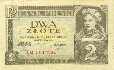 Polska II RP - BANKNOT - 2 Złote 1936 - JADWIGA